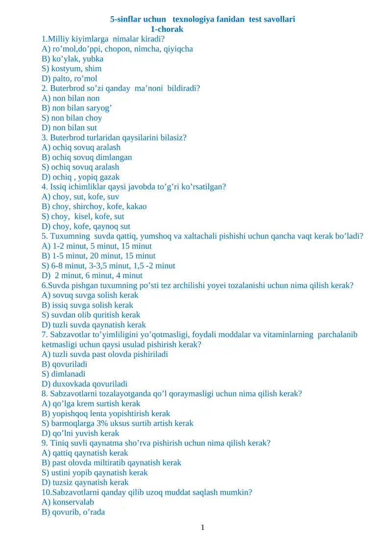 5-sinflar uchun texnologiya fanidan test savollari