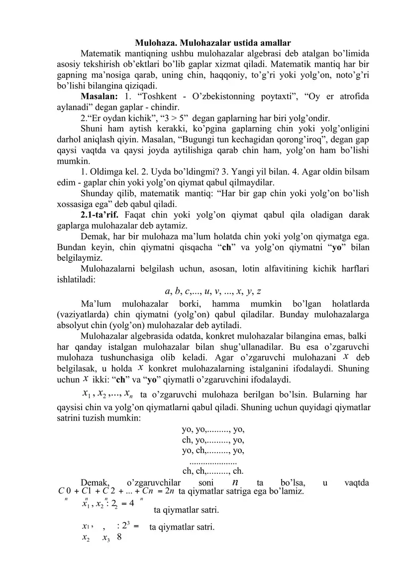 Matematik Mantiq Mulohazalar
