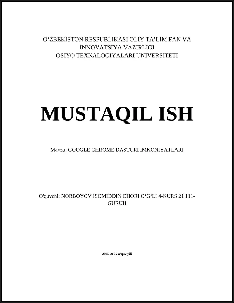 GOOGLE CHROME DASTURI IMKONIYATLARI
