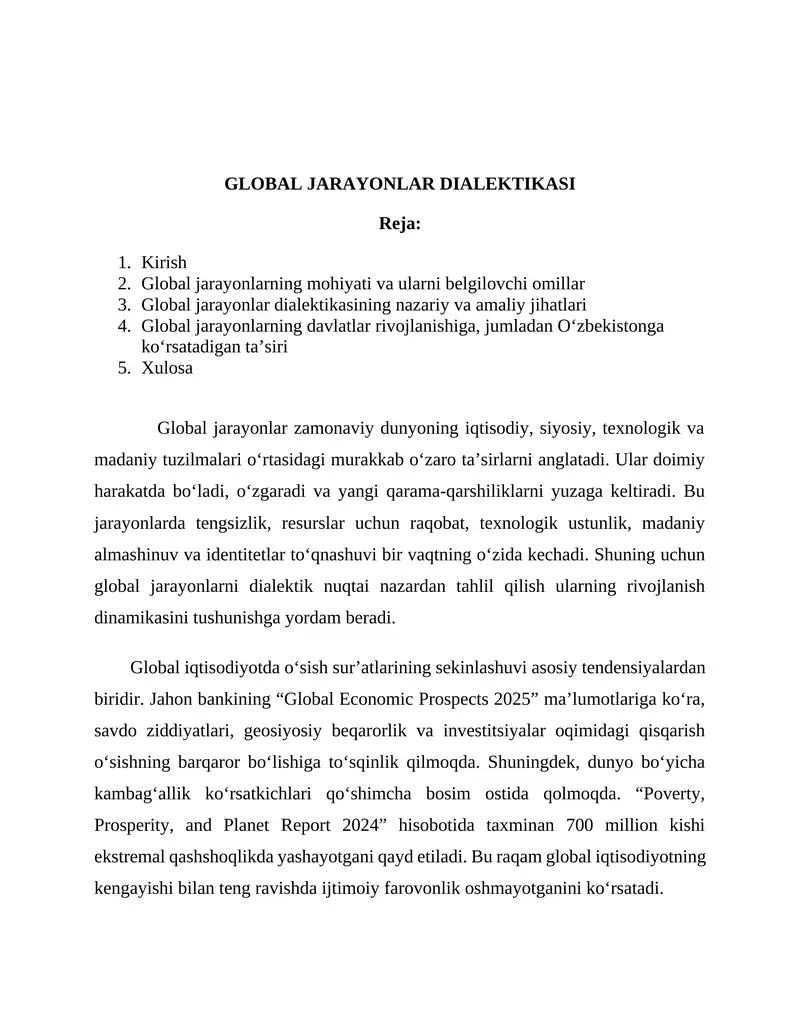 GLOBAL JARAYONLAR DIALEKTIKASI