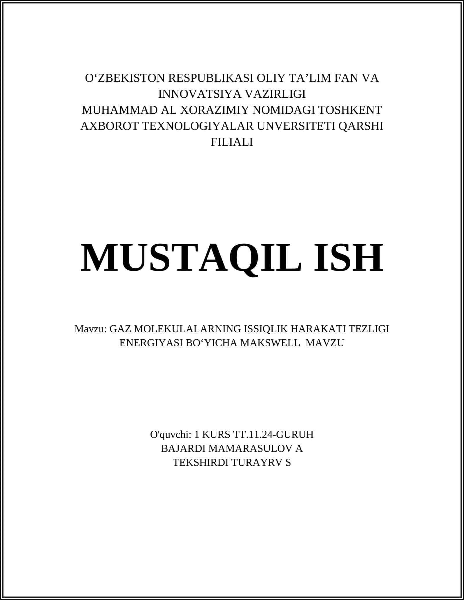 GAZ MOLEKULALARNING ISSIQLIK HARAKATI TEZLIGI ENERGIYASI BOʻYICHA MAKSWELL