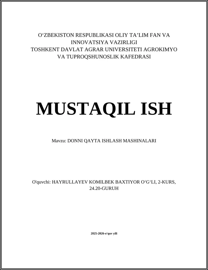 DONNI QAYTA ISHLASH MASHINALARI