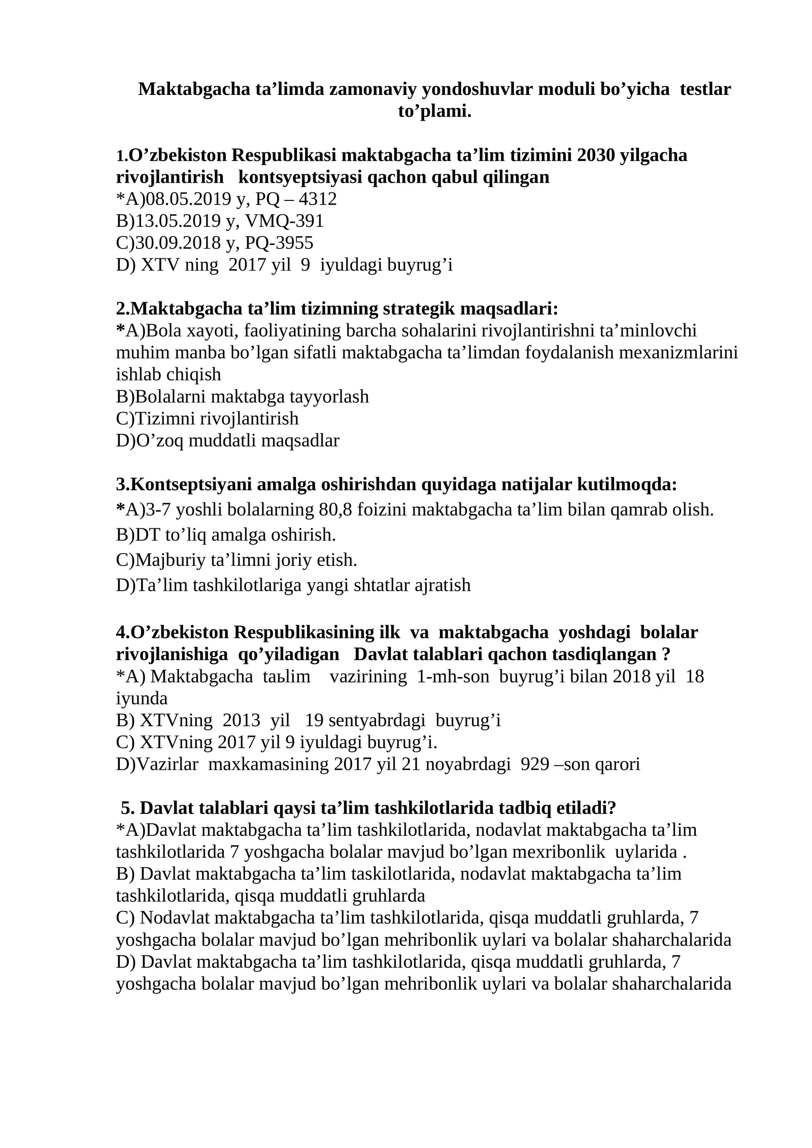 Maktabgacha ta’limda zamonaviy yondoshuvlar moduli bo’yicha testlar to’plami
