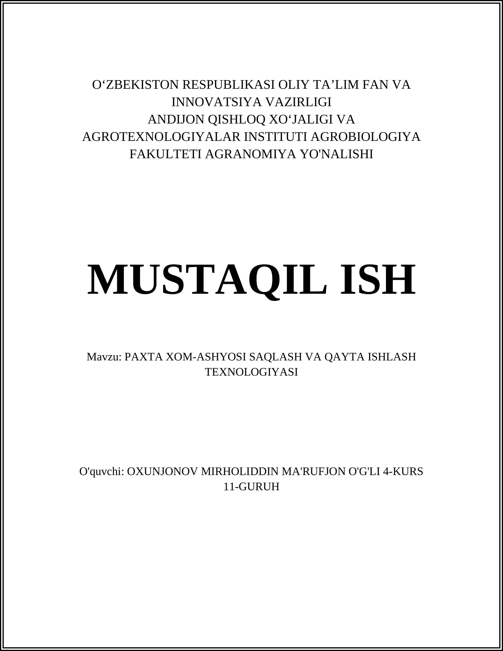 Paxta Xom-Ashyosi Saqlash va Qayta Ishlash Texnologiyasi