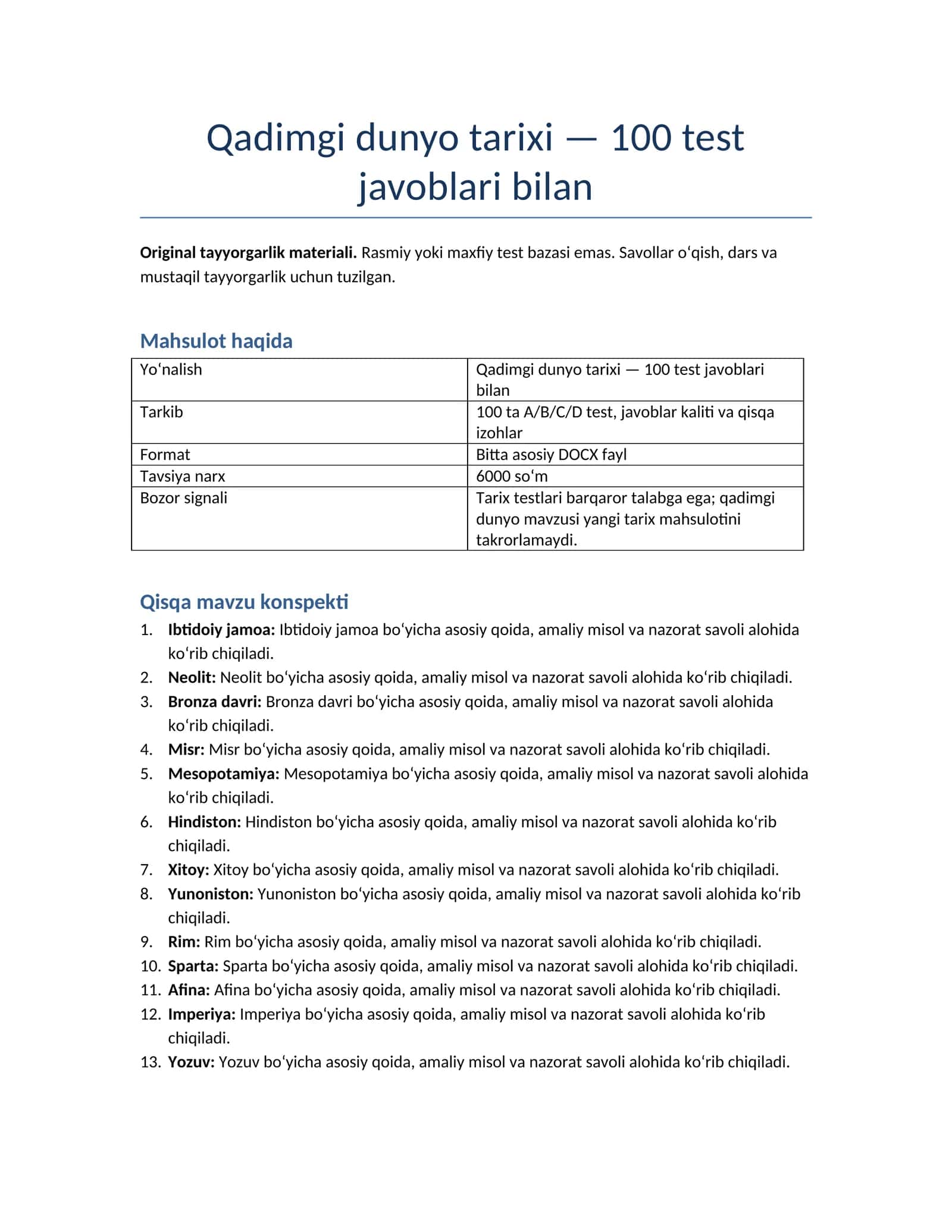 Qadimgi dunyo tarixi — 100 test javoblari bilan