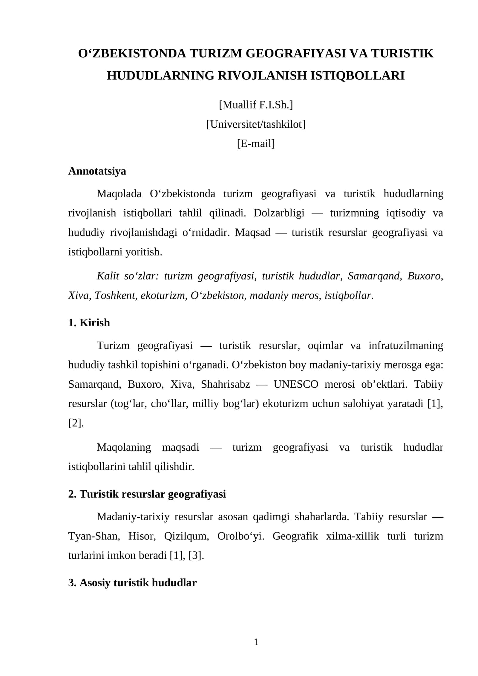 O‘ZBEKISTONDA TURIZM GEOGRAFIYASI VA TURISTIK HUDUDLARNING RIVOJLANISH ISTIQBOLLARI