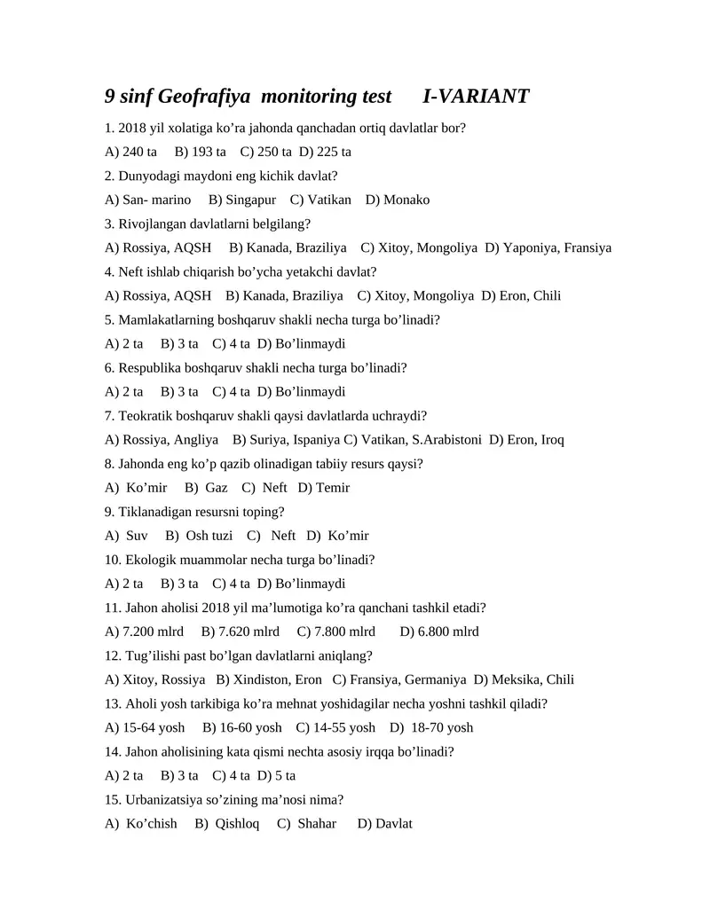 9-sinf Geofrafiya monitoring test