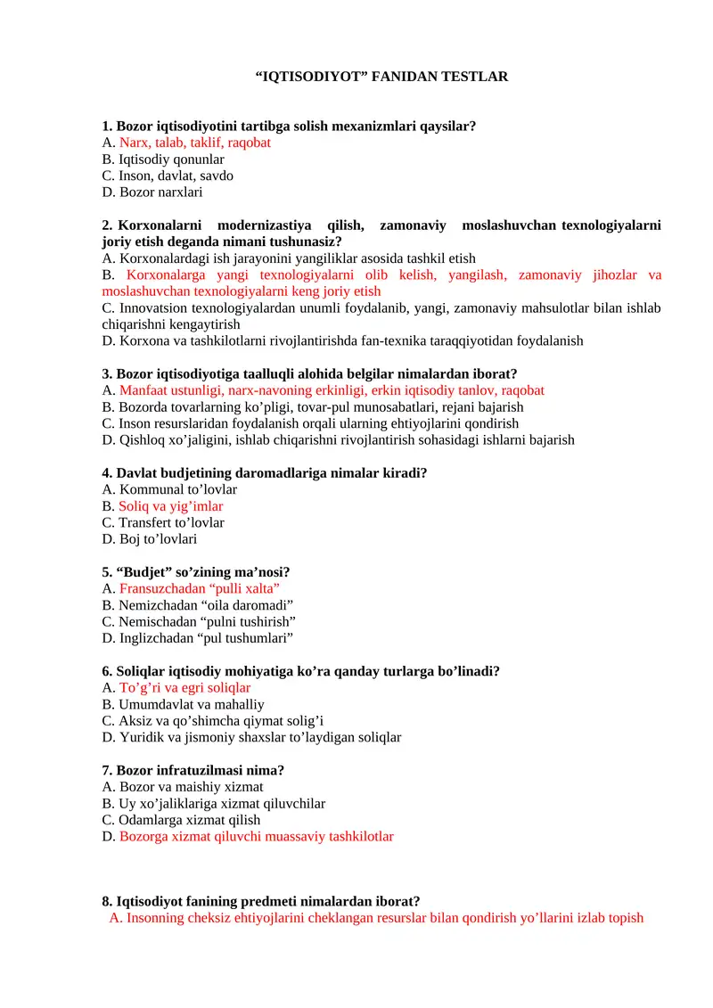 IQTISODIYOT Fanidan Testlar