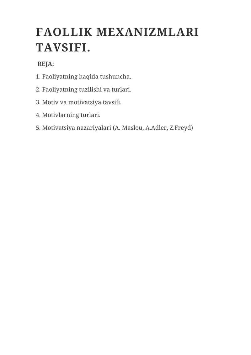 Faollik mexanizmlari tavsifi