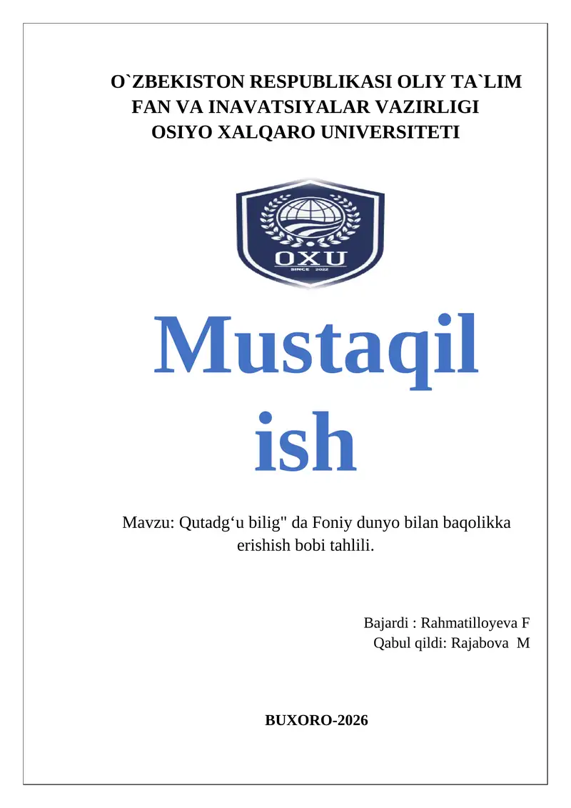 Qutadgʻu bilig" da Foniy dunyo bilan baqolikka erishish bobi tahlili