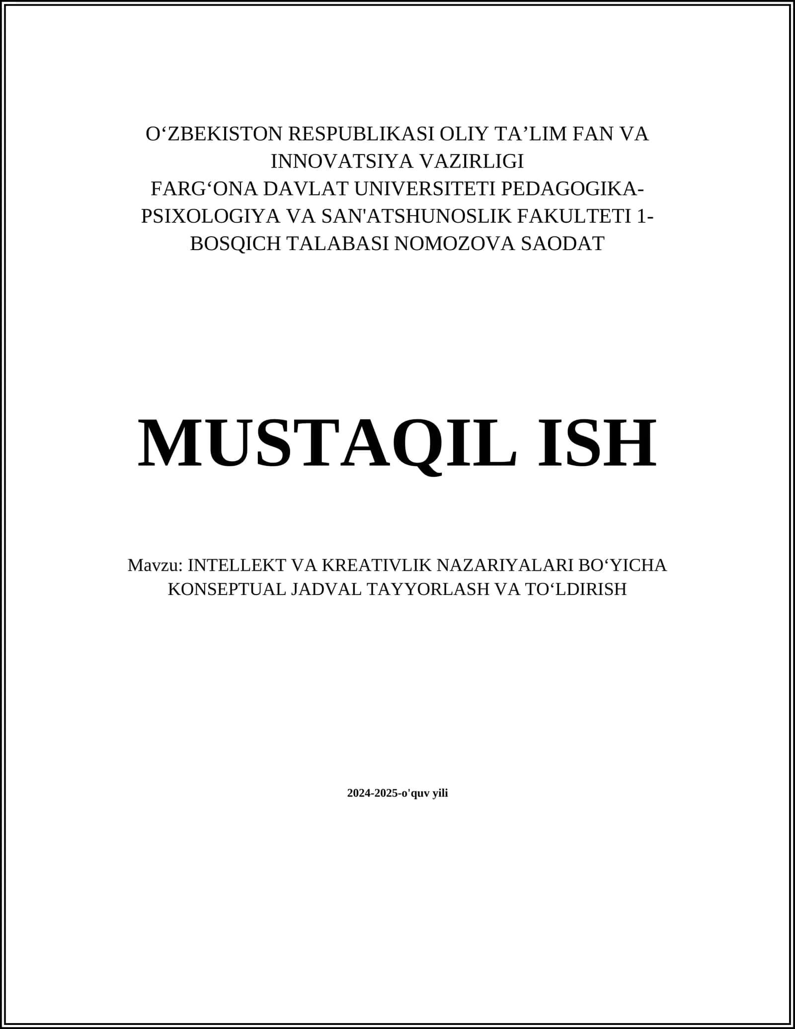 INTELLEKT VA KREATIVLIK NAZARIYALARI BO‘YICHA KONSEPTUAL JADVAL TAYYORLASH VA TO‘LDIRISH