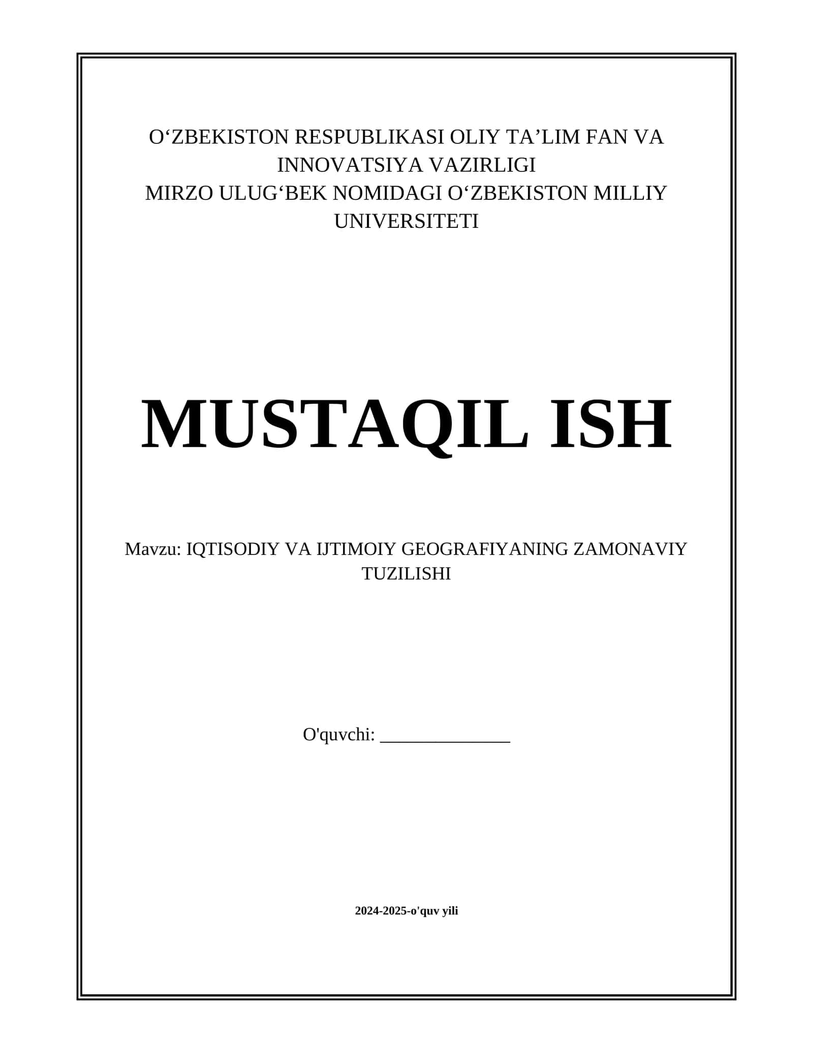 IQTISODIY VA IJTIMOIY GEOGRAFIYANING ZAMONAVIY TUZILISHI