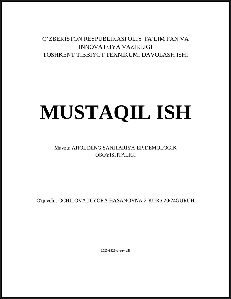 AHOLINING SANITARIYA-EPIDEMOLOGIK OSOYISHTALIGI