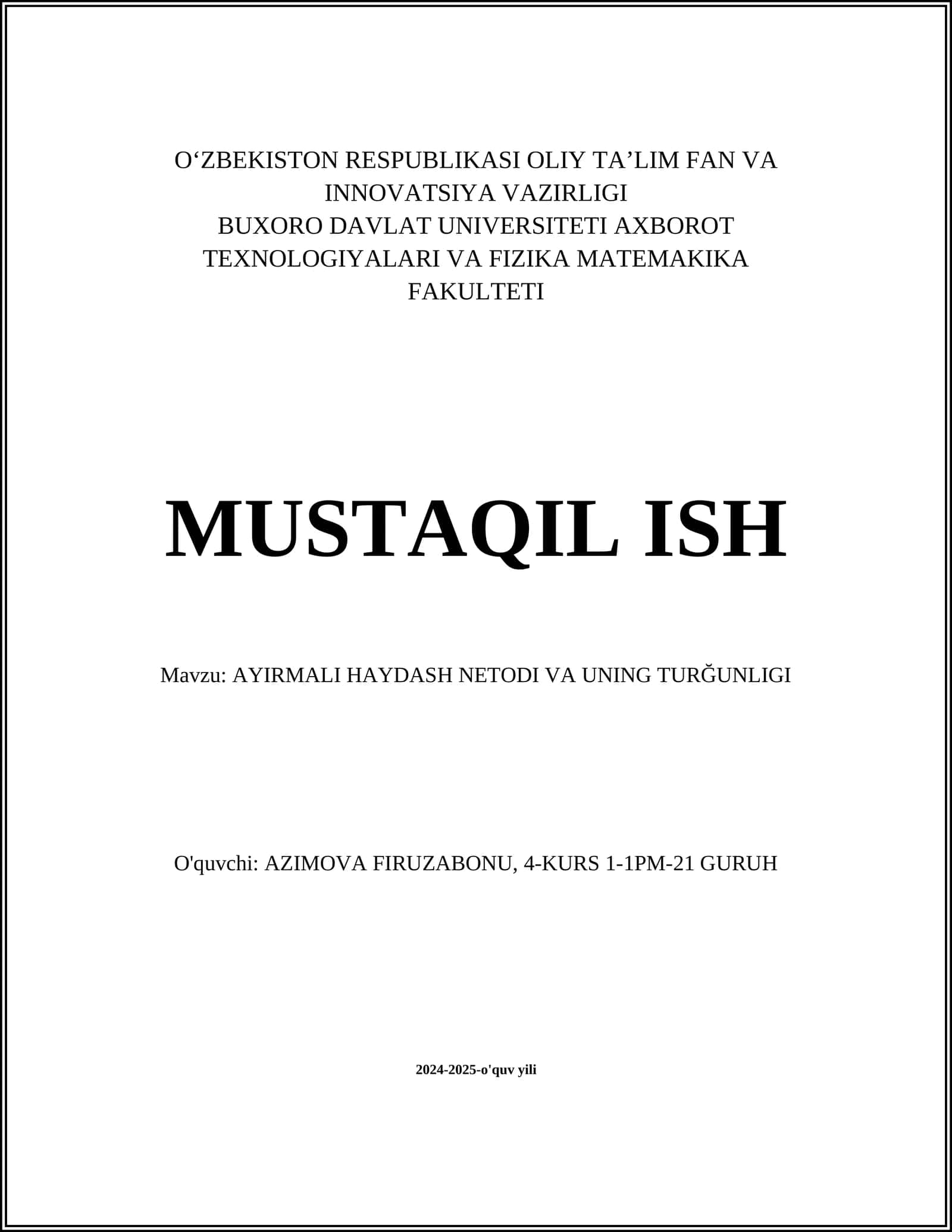 Ayirmali Haydash Usulining Nazariy Asoslari