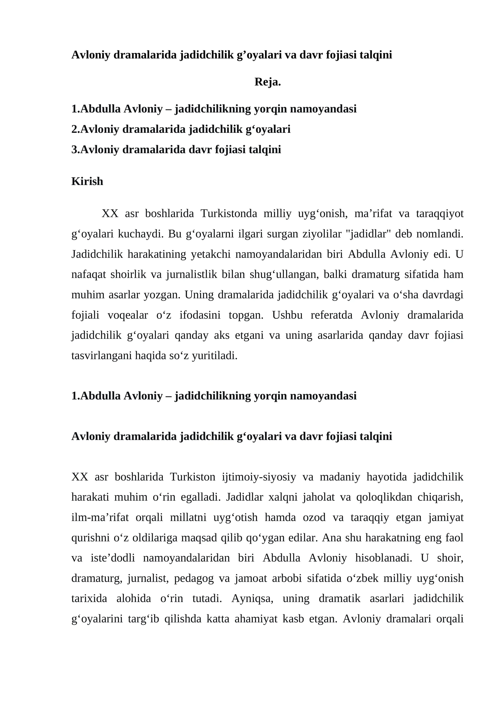 Avloniy dramalarida jadidchilik g’oyalari va davr fojiasi talqini
