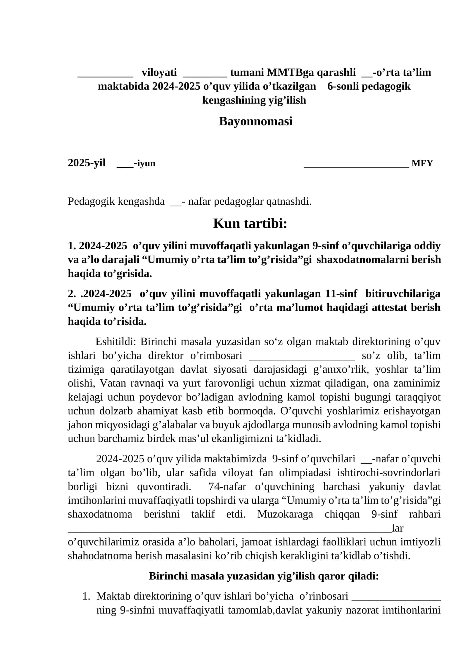 Pedagogik kengash bayonnomasi