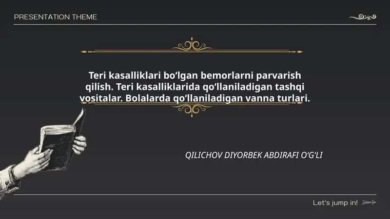 Teri kasalliklari boʻlgan bemorlarni parvarish qilish. Teri kasalliklarida qoʻllaniladigan tashqi vositalar. Bolalarda qoʻllaniladigan vanna turlari.