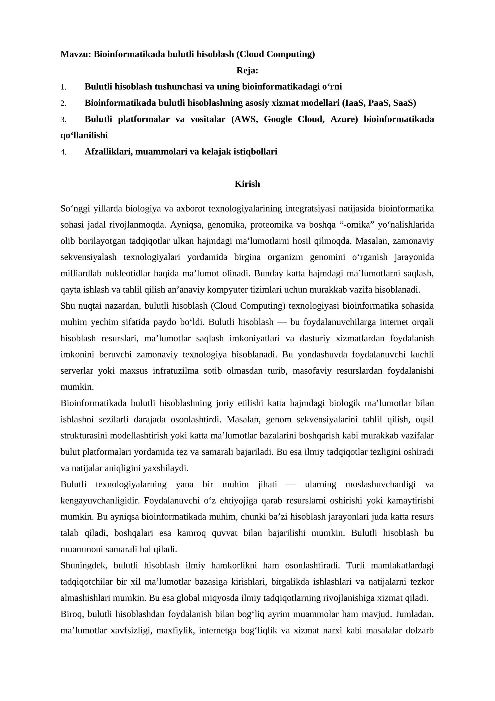 Bioinformatikada bulutli hisoblash (Cloud Computing)