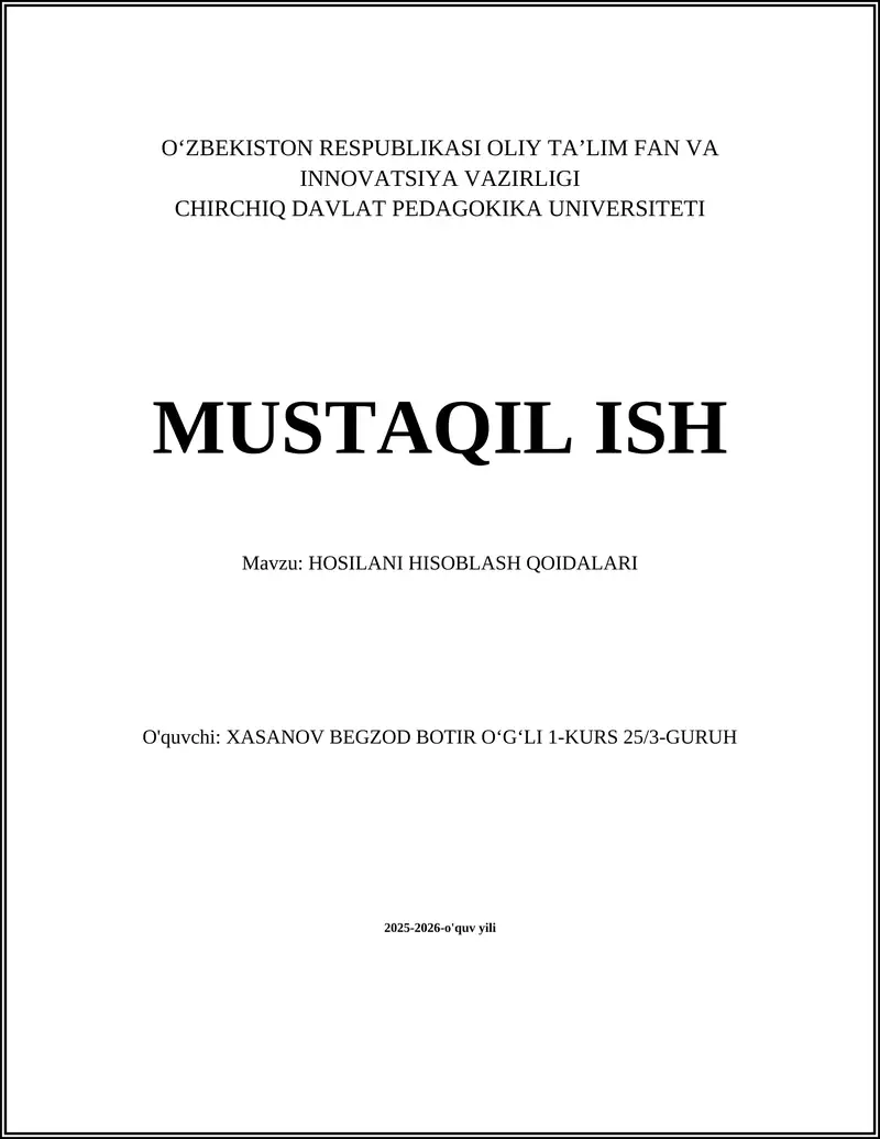 HOSILANI HISOBLASH QOIDALARI