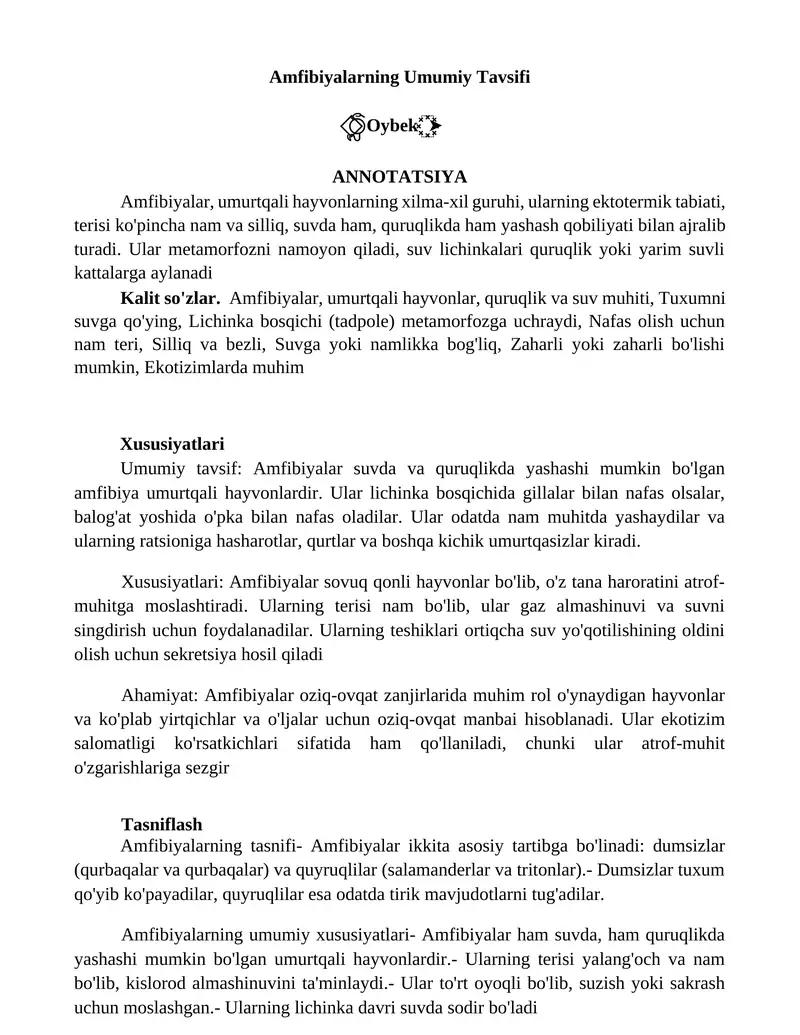 Amfibiyalarning Umumiy Tavsifi