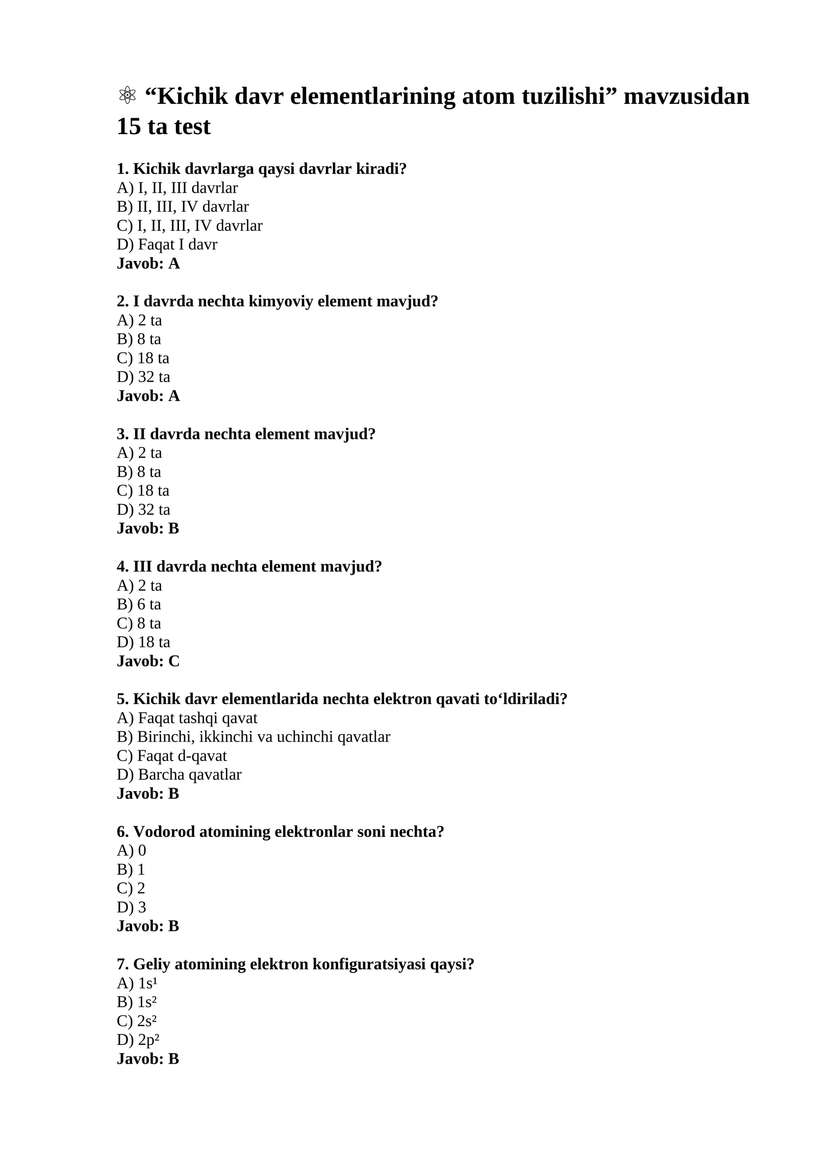 Kichik davr elementlarining atom tuzilishi