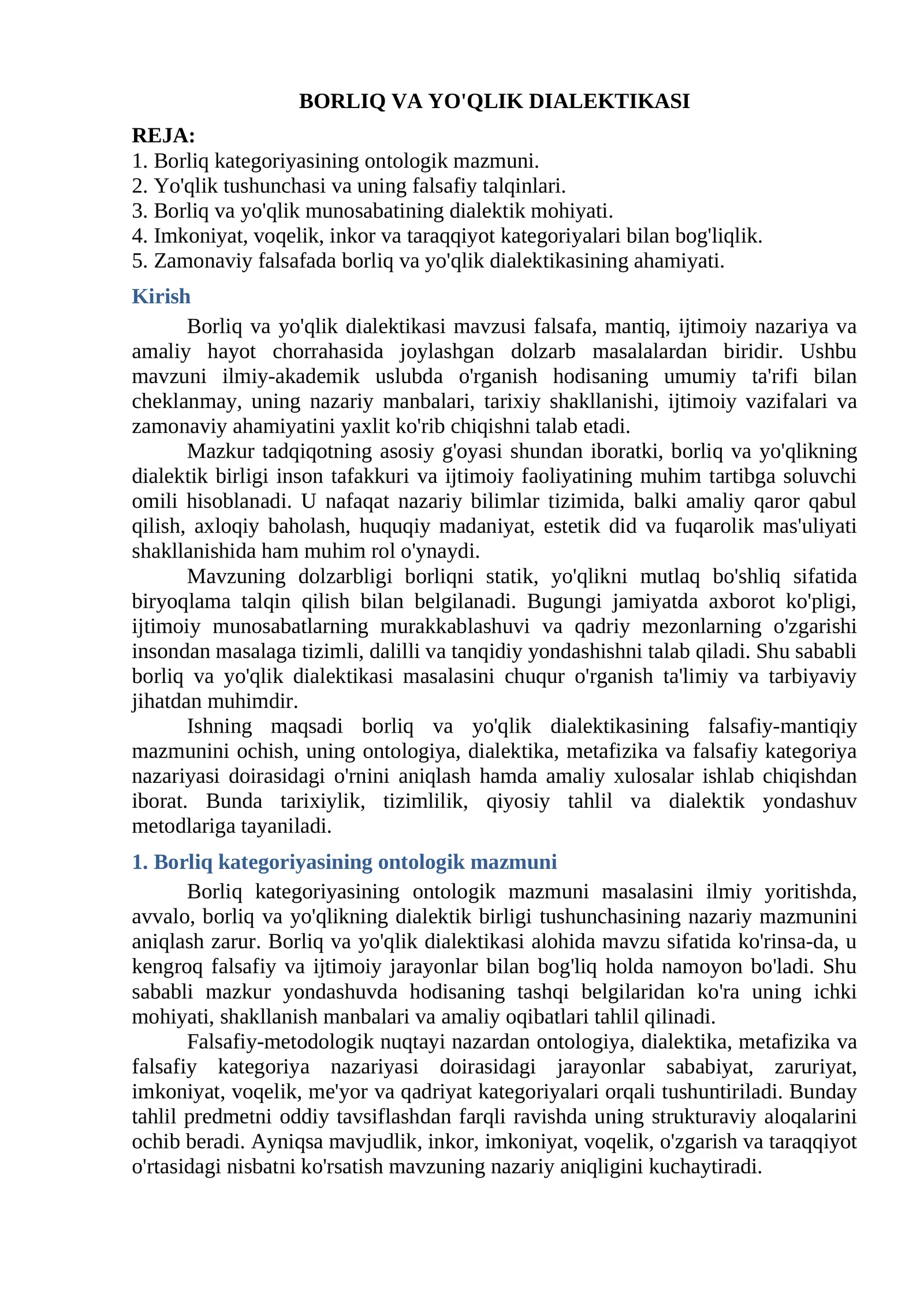 BORLIQ VA YO'QLIK DIALEKTIKASI