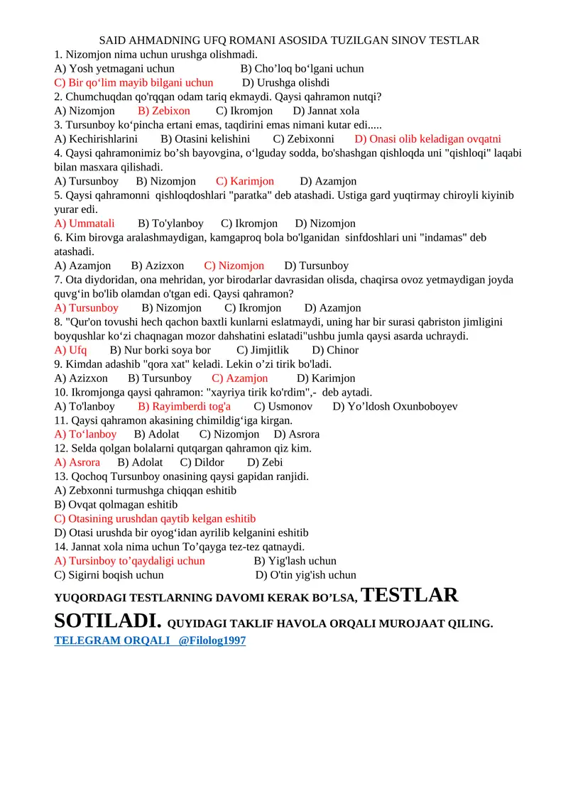 SAID AHMADNING UFQ ROMANI ASOSIDA TUZILGAN SINOV TESTLAR