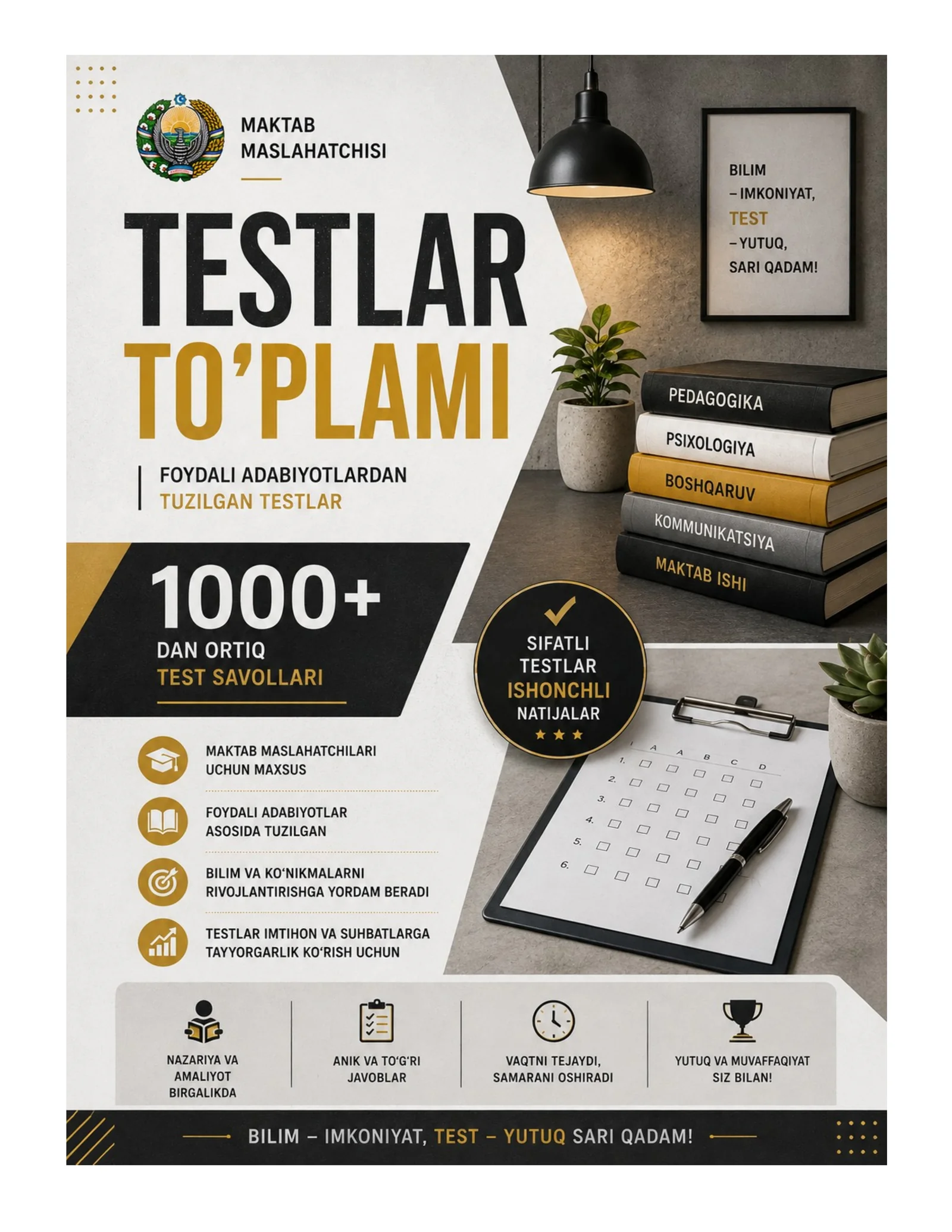 MAKTAB MASLAHATCHISI LAVOZIMIGA ISHGA KIRISH TEST SINOVLARI