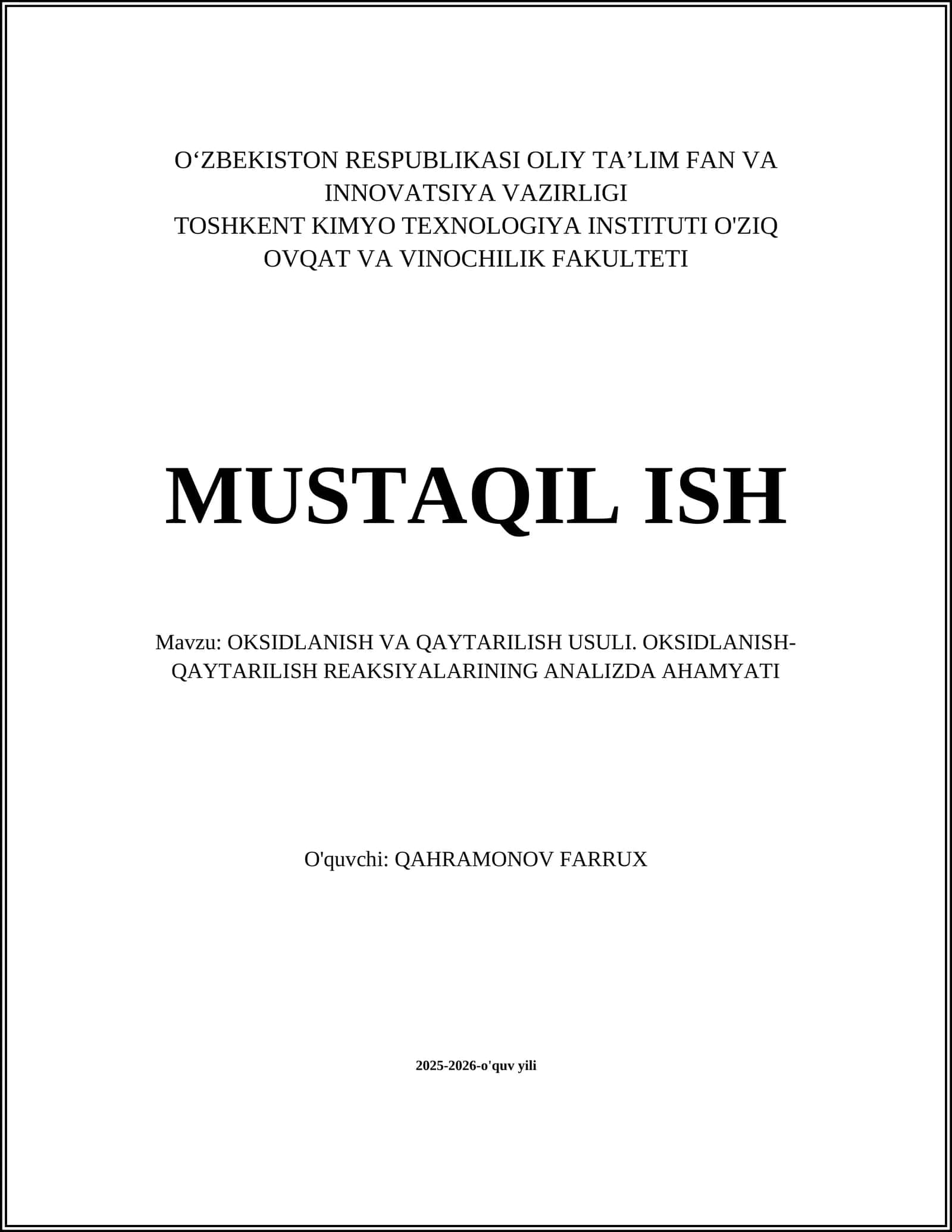 OKSIDLANISH VA QAYTARILISH USULI. OKSIDLANISH-QAYTARILISH REAKSIYALARINING ANALIZDA AHAMYATI