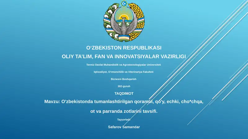 O'zbekistonda tumanlashtirilgan qoramol, qo'y, echki, cho'chqa, ot va parranda zotlarini tavsifi