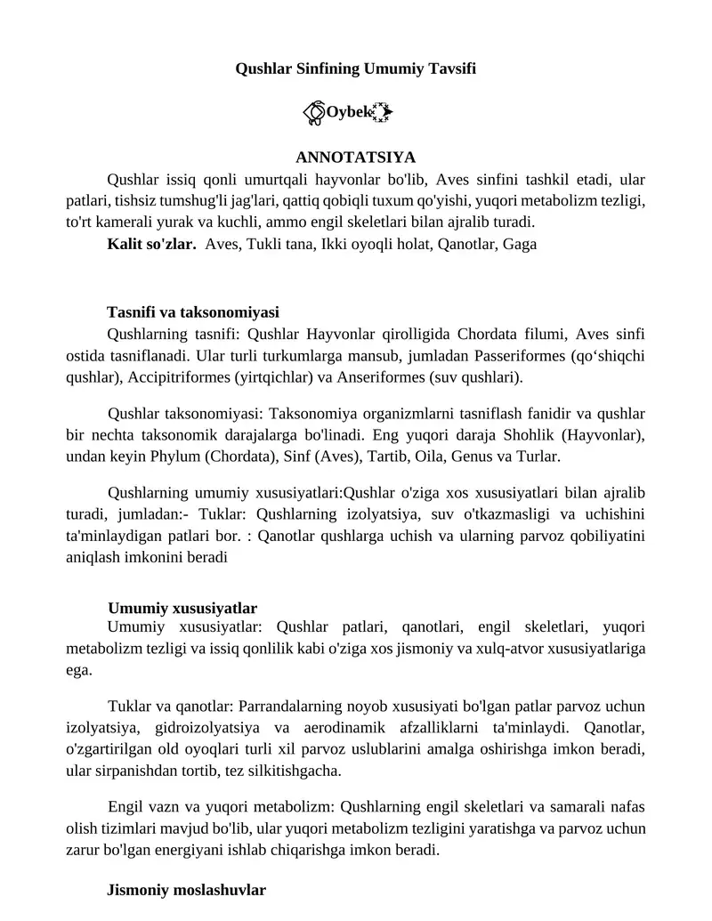 Qushlar Sinfining Umumiy Tavsifi