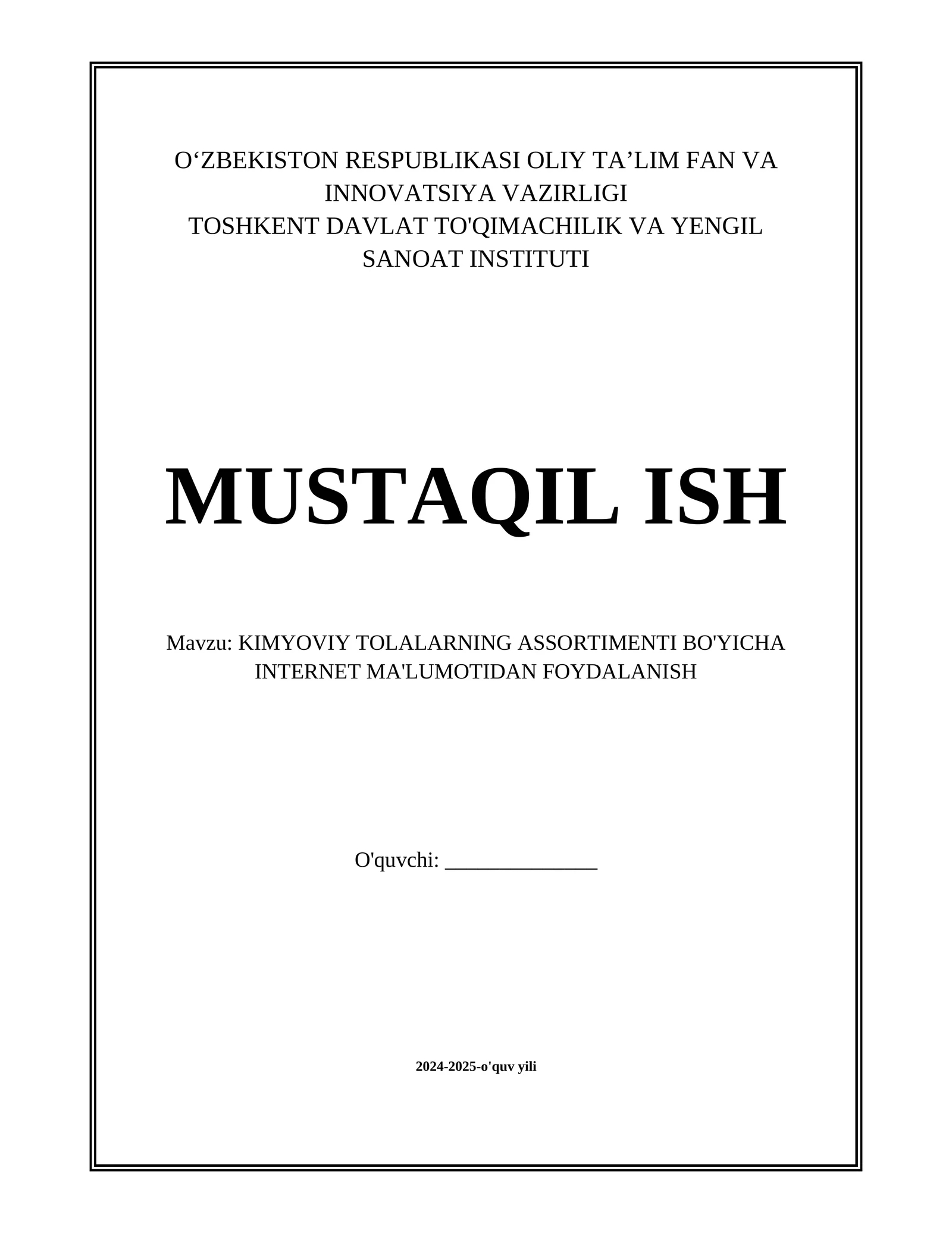 KIMYOVIY TOLALARNING ASSORTIMENTI BO'YICHA INTERNET MA'LUMOTIDAN FOYDALANISH