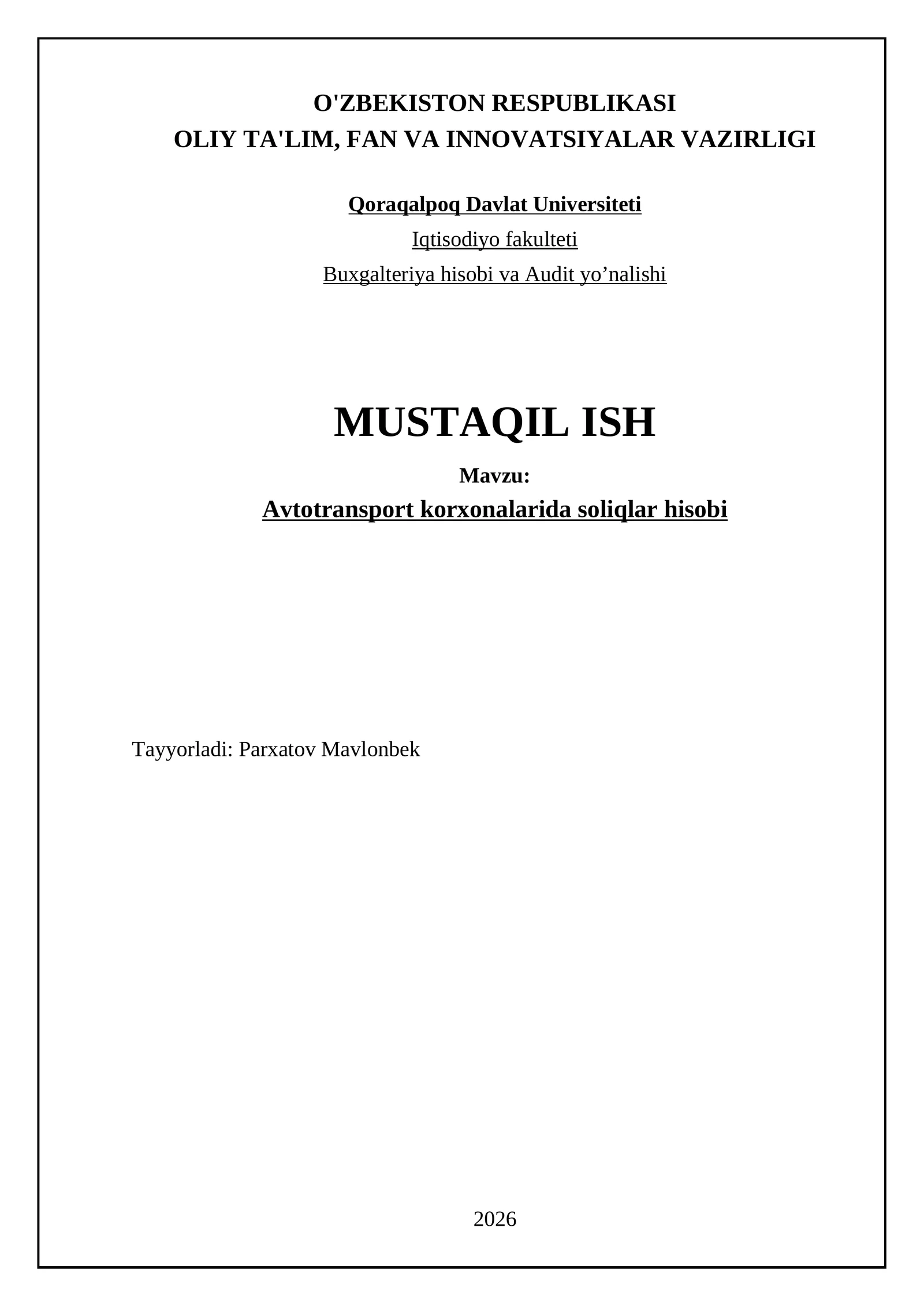 Avtotransport korxonalarida soliqlar hisobi