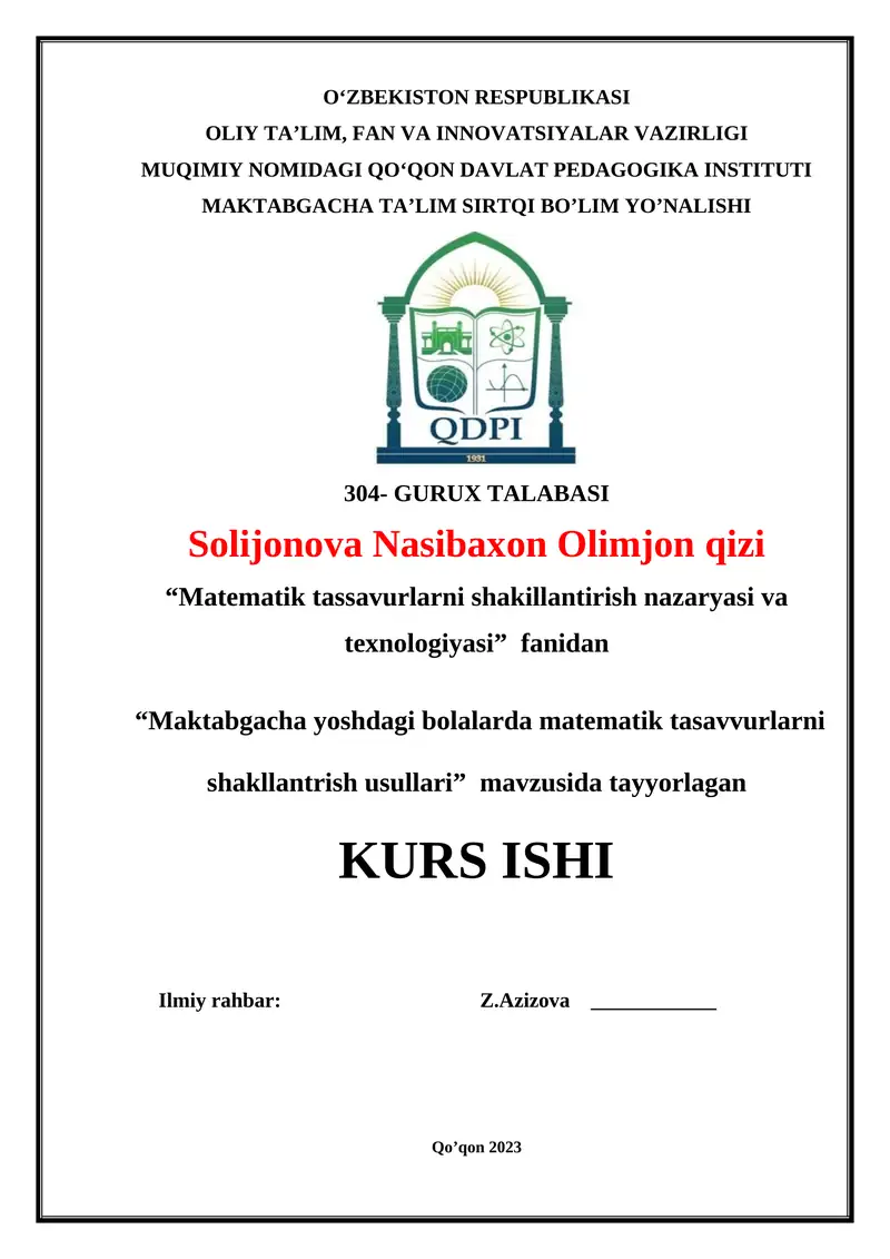 Maktabgacha yoshdagi bolalarda matematik tasavvurlarni