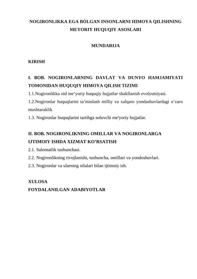 Nogironlikka Ega Bo'lgan Insonlarni Himoya Qilishning Meyoriy Huquqiy Asoslari