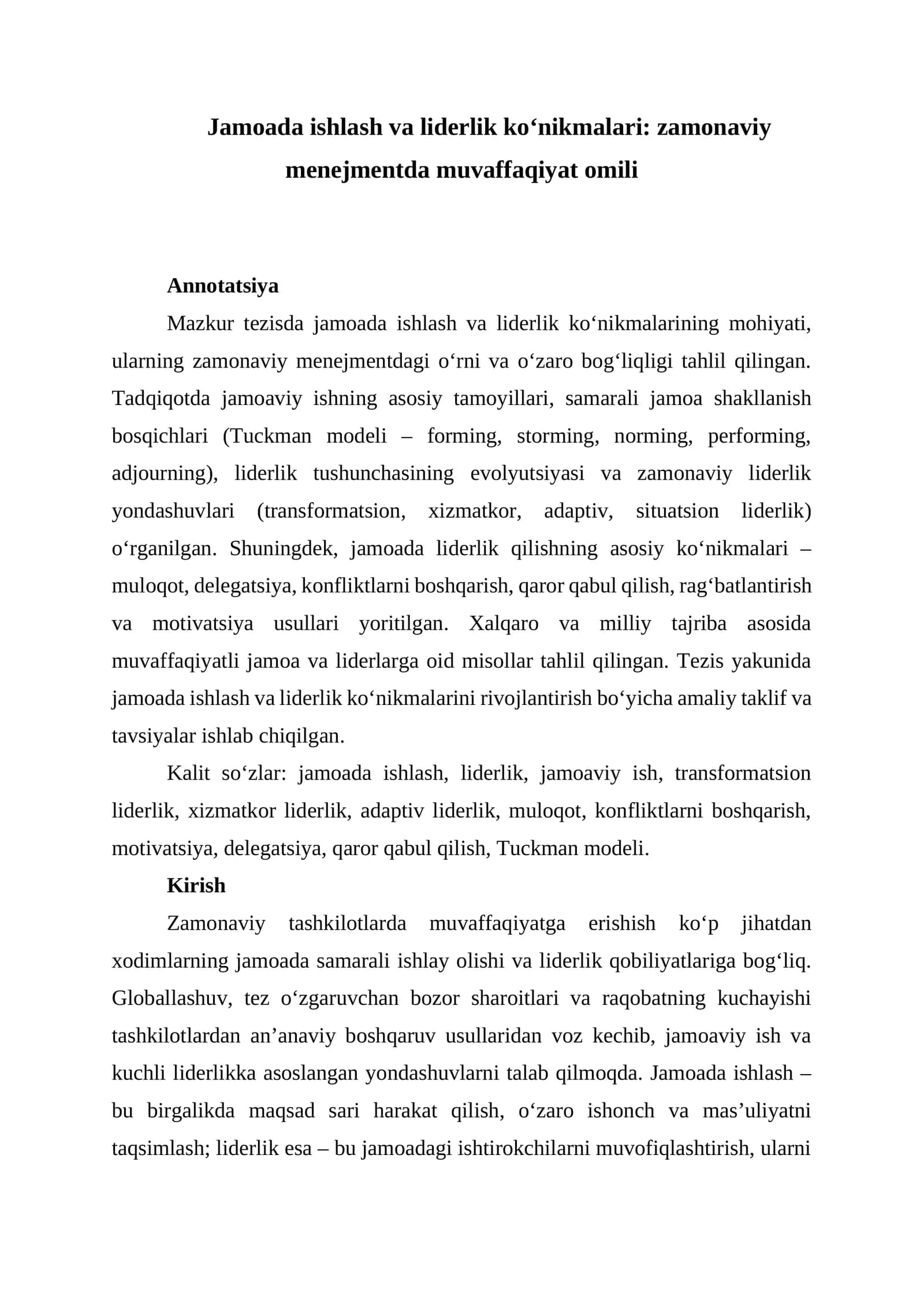 Jamoada ishlash va liderlik ko‘nikmalari: zamonaviy menejmentda muvaffaqiyat omili