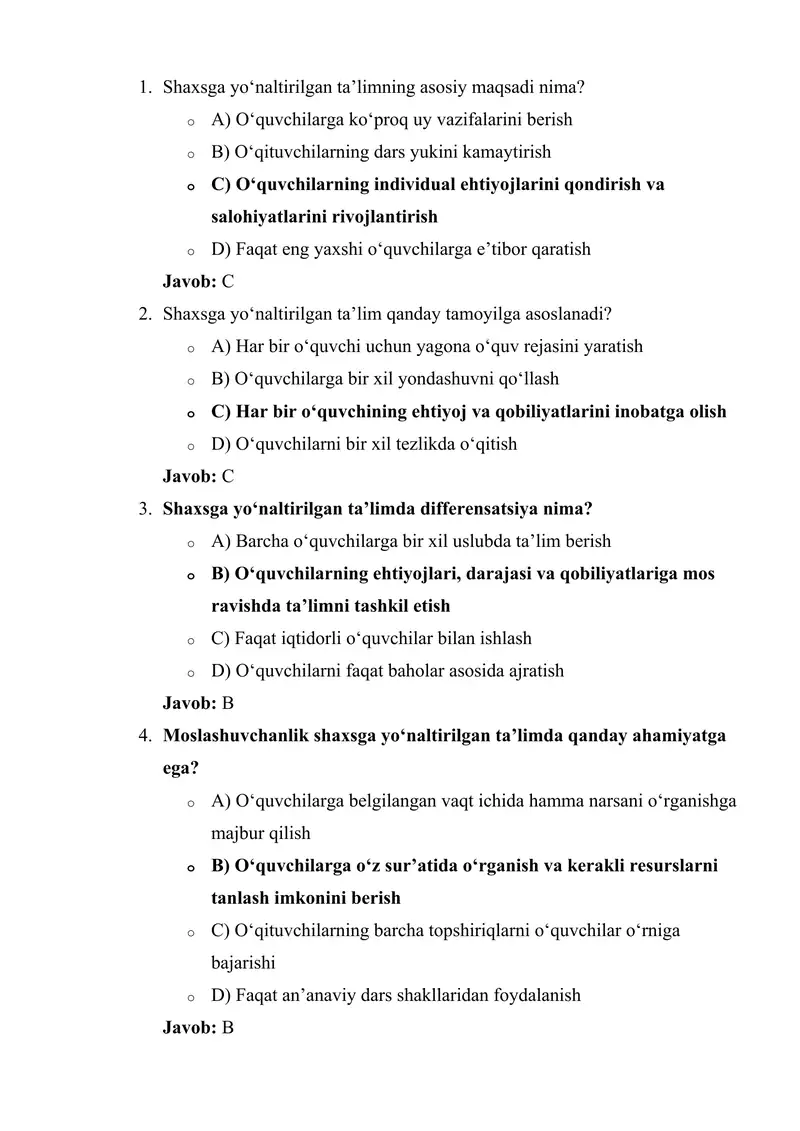fan o'qituvchilari uchun malaka oshirish imtixonlariga tayyorgarlik test savol va javoblari,
