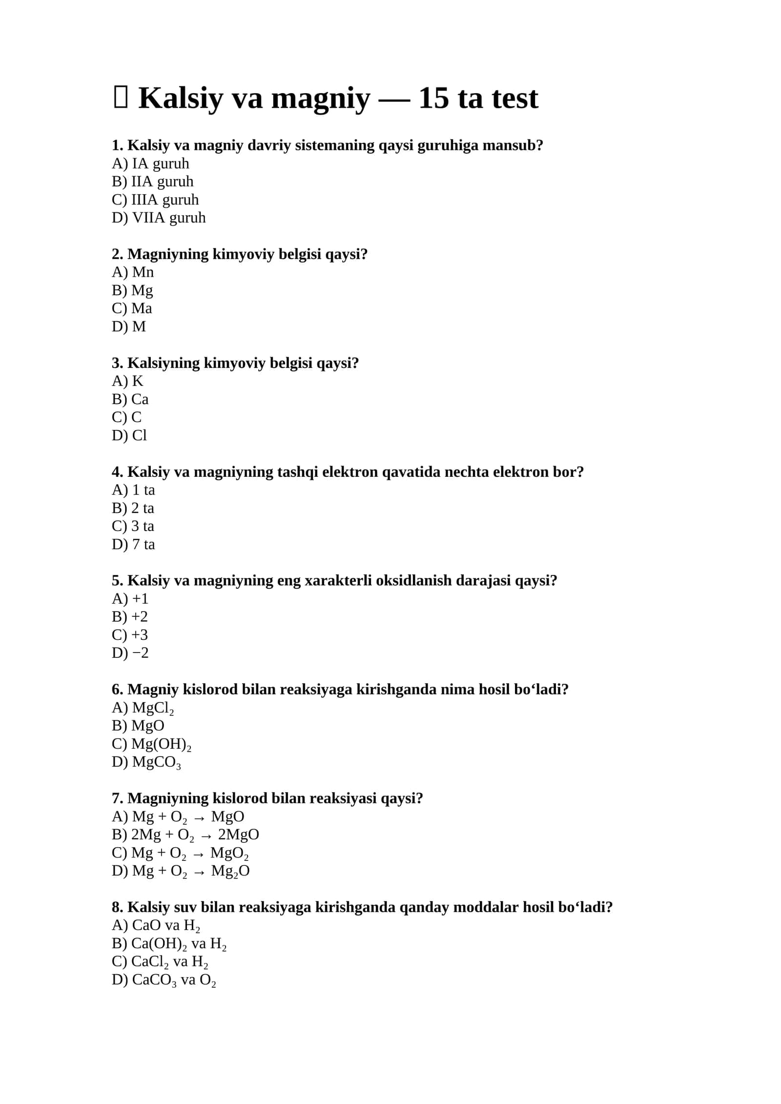 Kalsiy va magniy — 15 ta test
