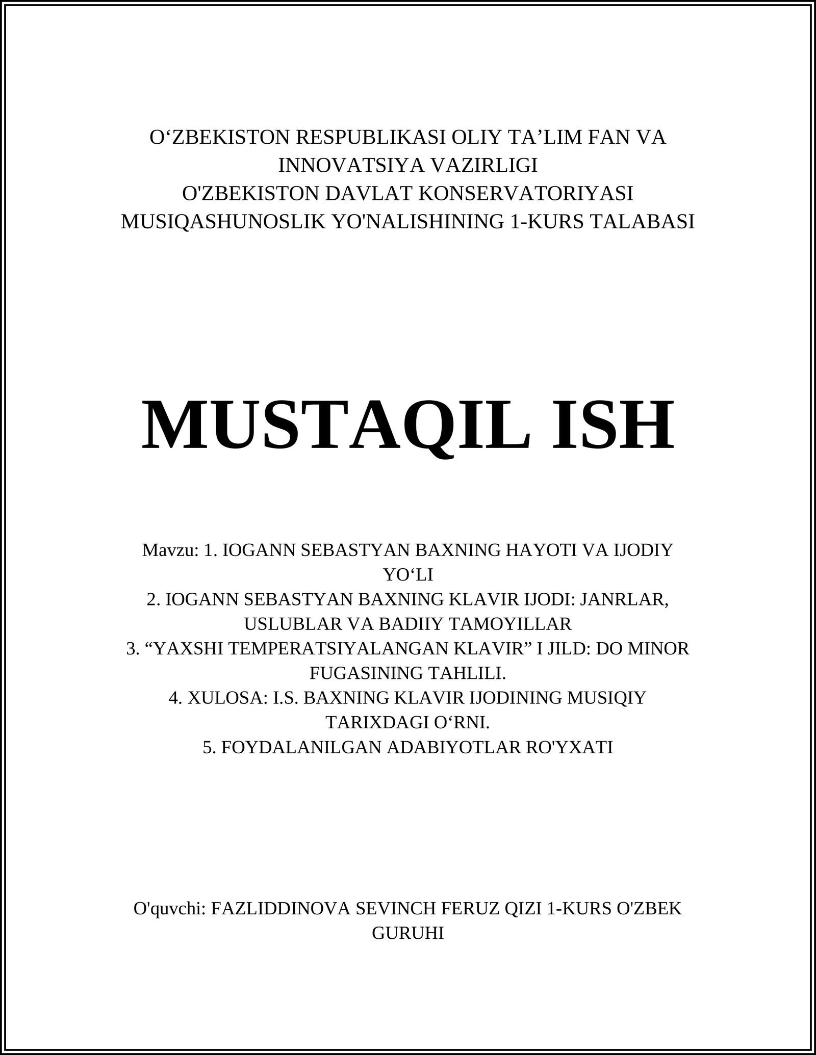 IOGANN SEBASTYAN BAXNING HAYOTI VA IJODIY YO‘LI