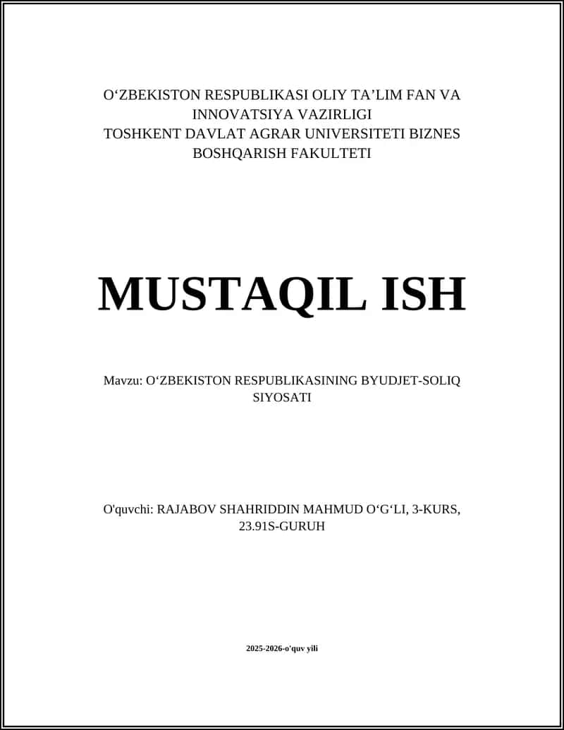 OʻZBEKISTON RESPUBLIKASINING BYUDJET-SOLIQ SIYOSATI