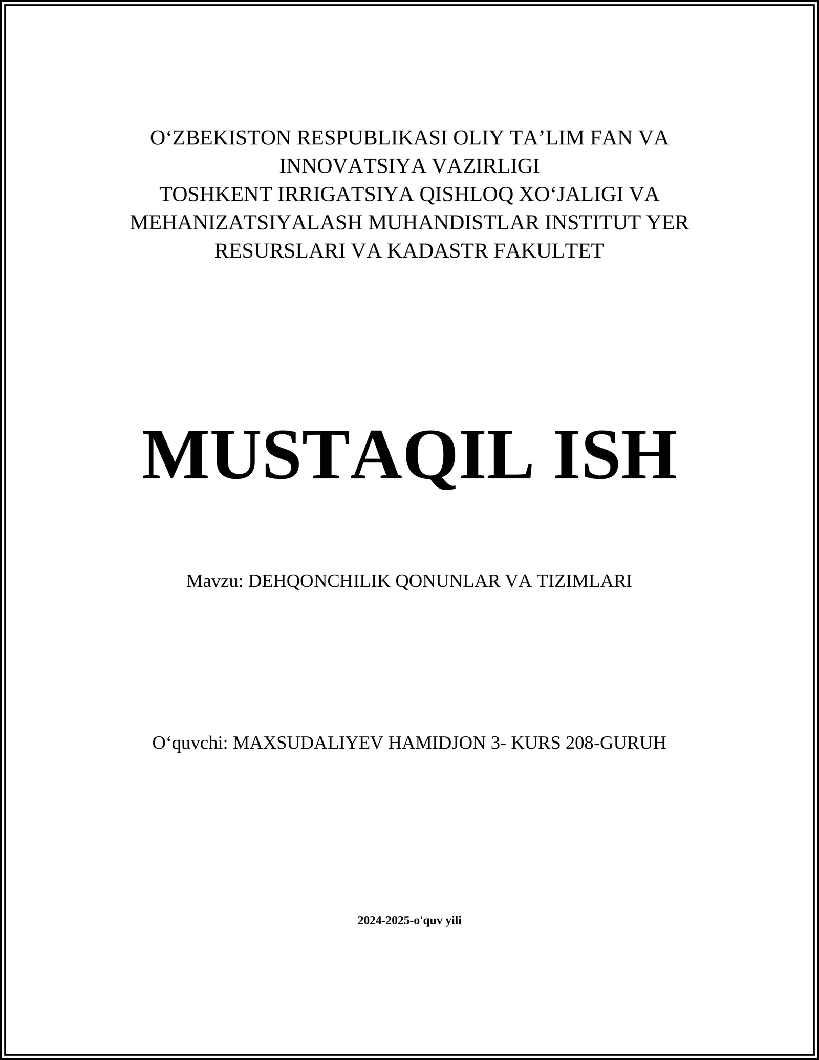 DEHQONCHILIK QONUNLAR VA TIZIMLARI