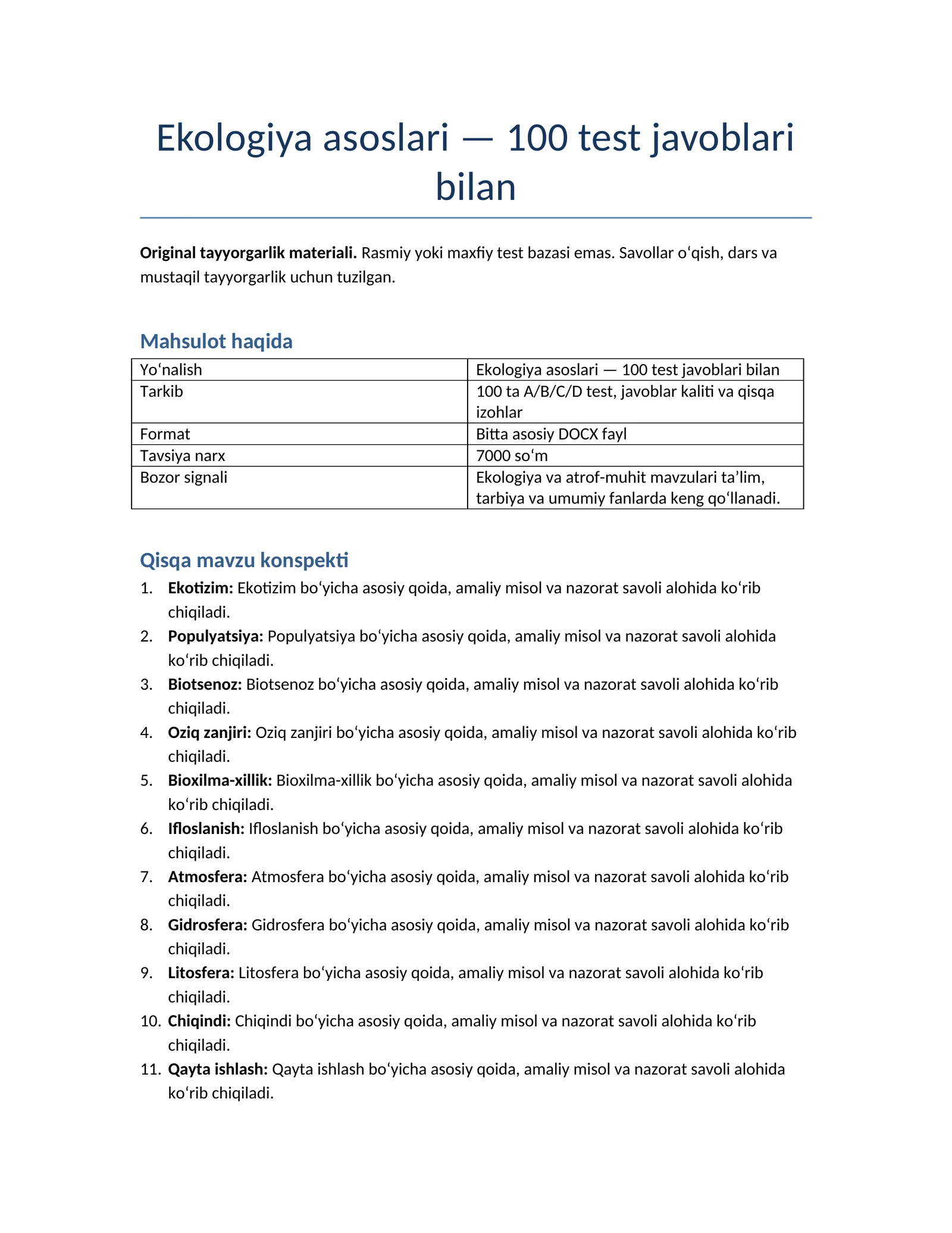 Ekologiya asoslari — 100 test javoblari bilan