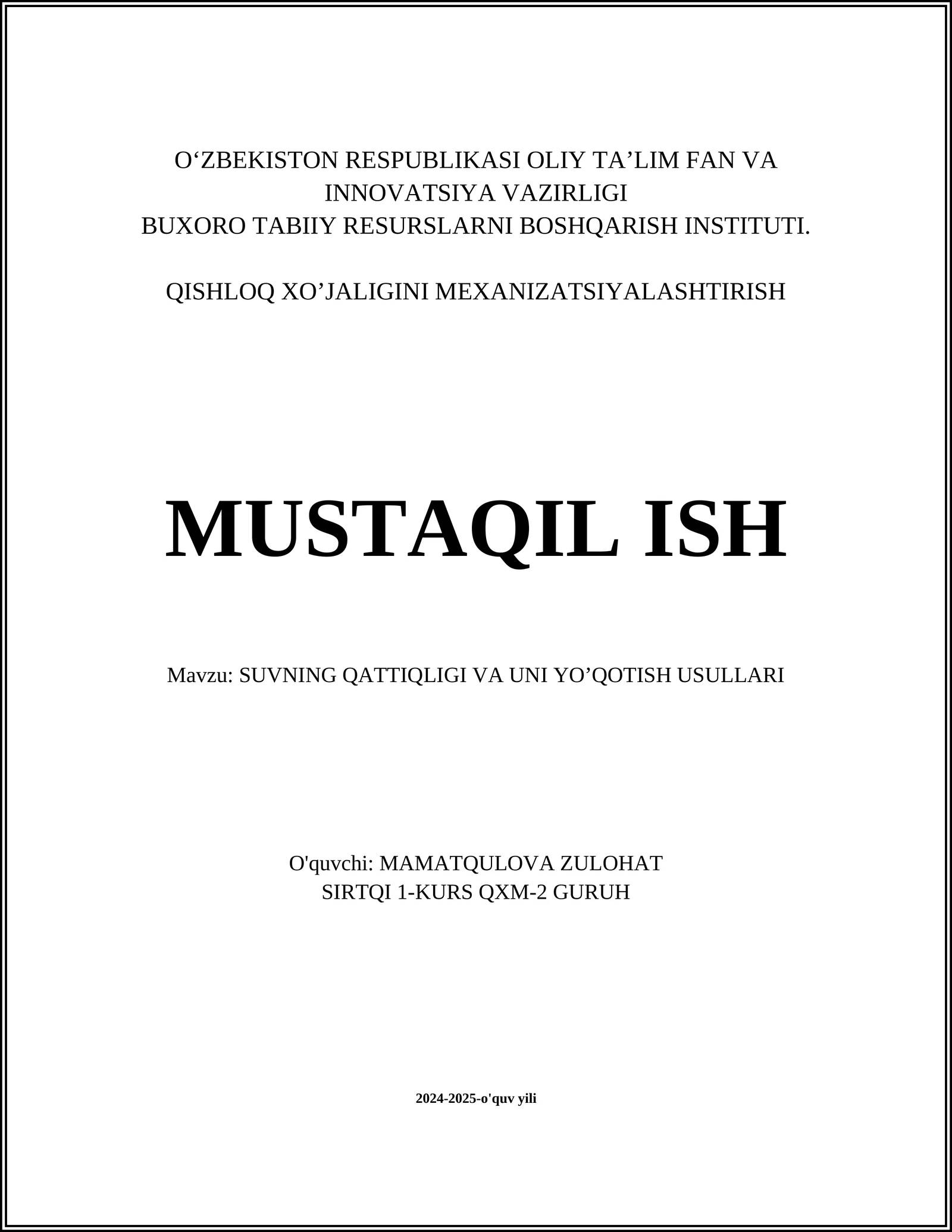 SUVNING QATTIQLIGI VA UNI YO’QOTISH USULLARI