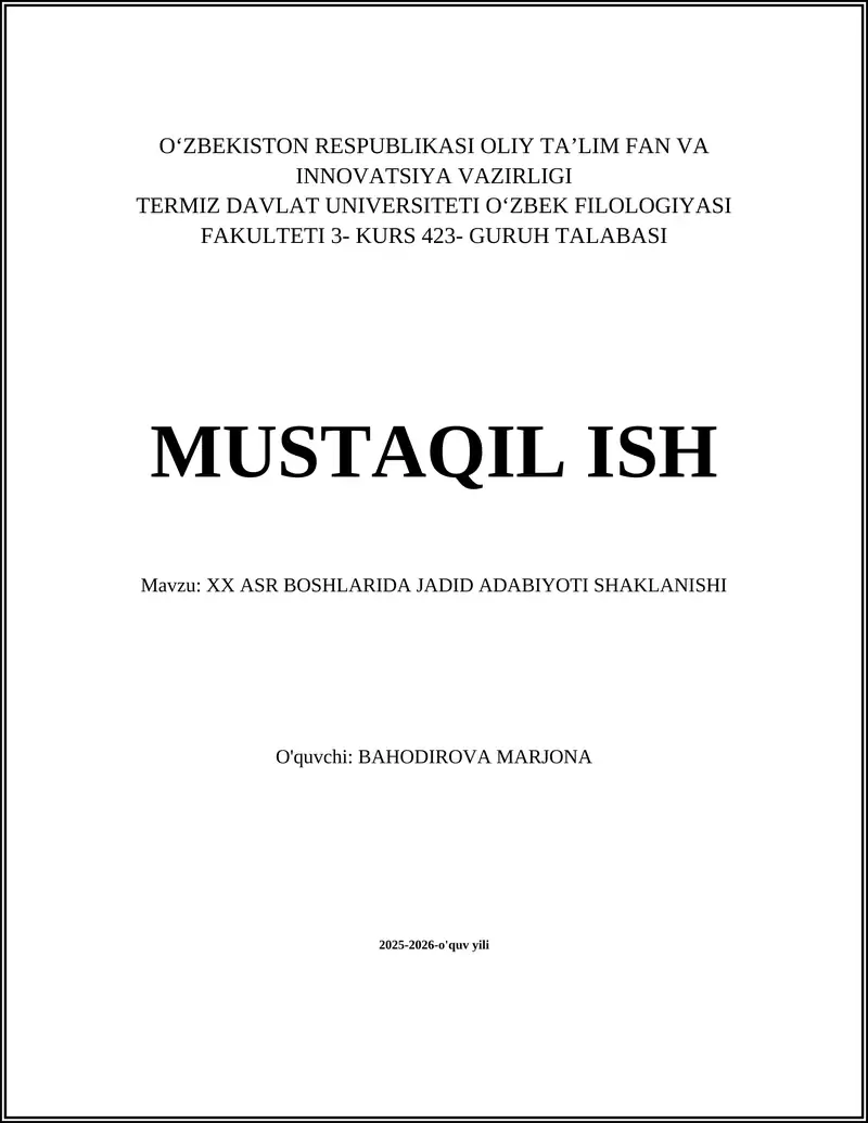 XX ASR BOSHLARIDA JADID ADABIYOTI SHAKLANISHI
