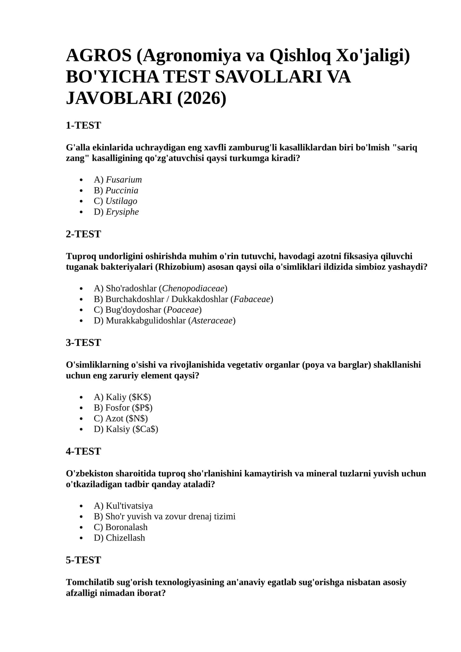 Agros testlar javoblari 2026