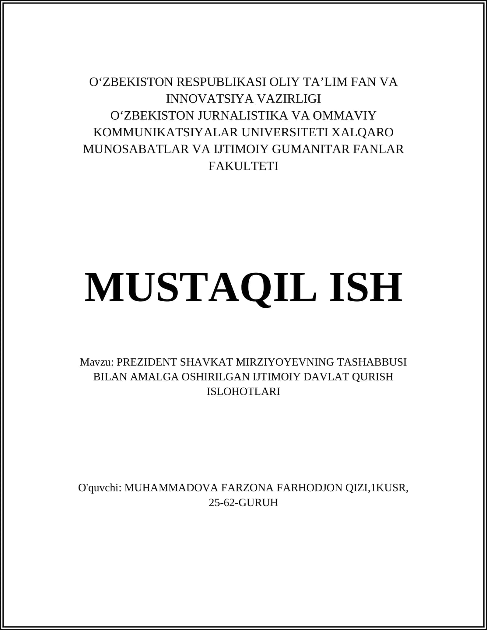 PREZIDENT SHAVKAT MIRZIYOYEVNING TASHABBUSI BILAN AMALGA OSHIRILGAN IJTIMOIY DAVLAT QURISH ISLOHOTLARI