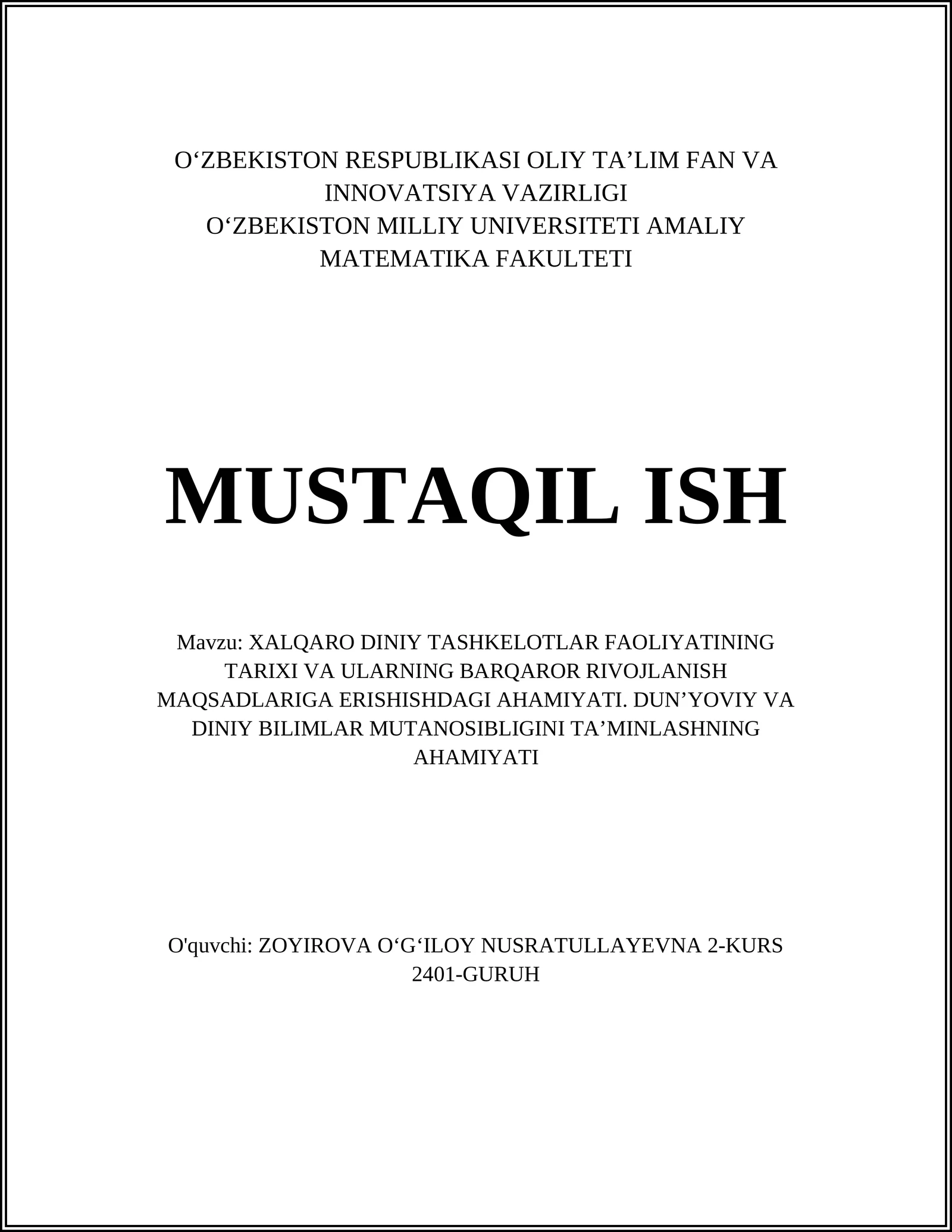 Xalqaro Diniy Tashkilotlar Tarixi va Ularning Barqaror Rivojlanish Maqsadlari