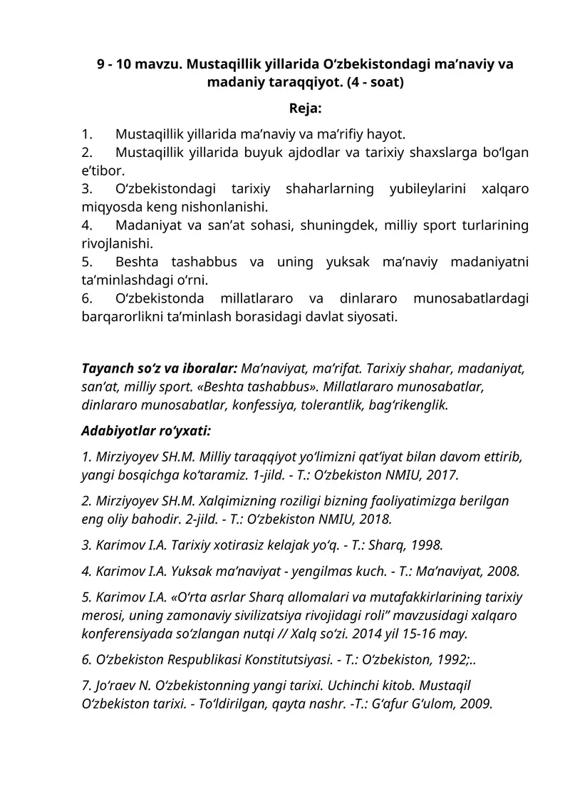 Mustaqillik yillarida O‘zbekistondagi ma’naviy va madaniy taraqqiyot