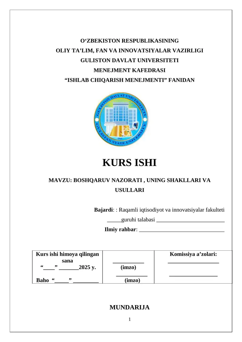 ISHLAB CHIQARISH MENEJMENTI KURS ISHI