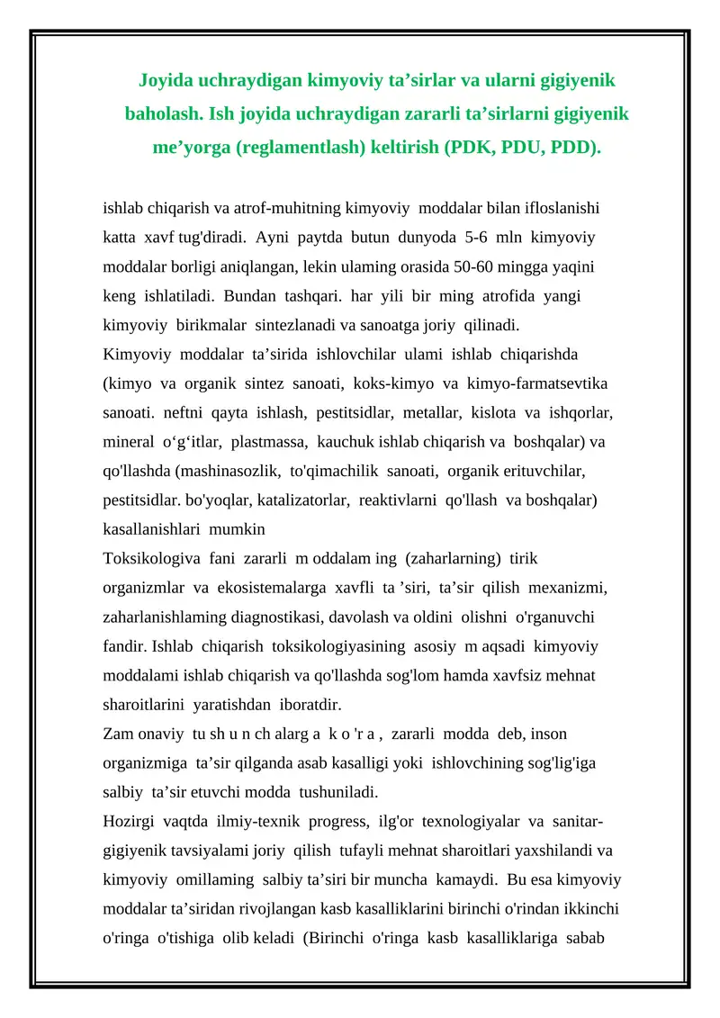 Kimyoviy moddalar va ularning gigiyenik baholash
